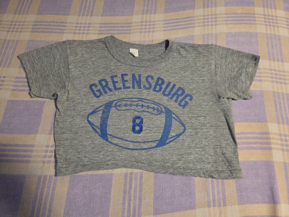 Vintage 70s 80s Cropped Triblend Football Greensburg T Shirt Gray USA Medium